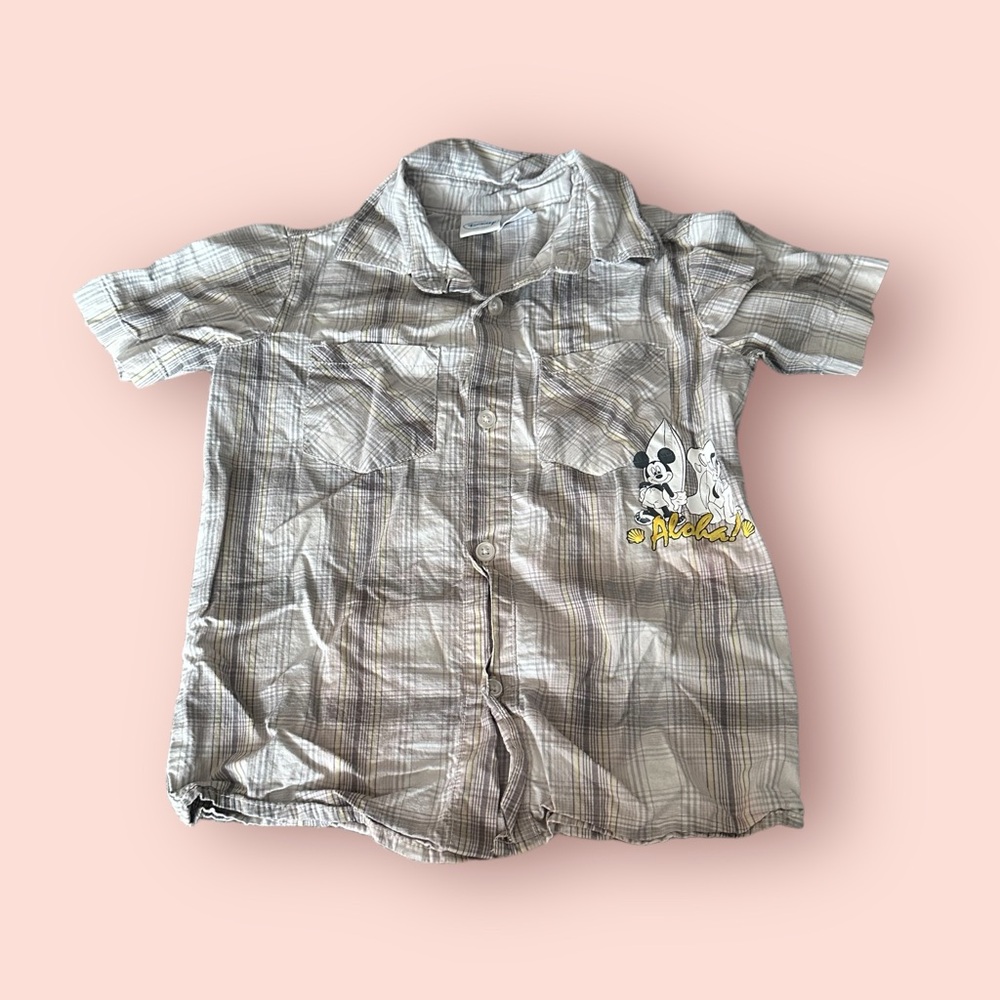 Toddler Boy Disney Mickey Mouse Gray Plaid Aloha Button Down Shirt Size 5T